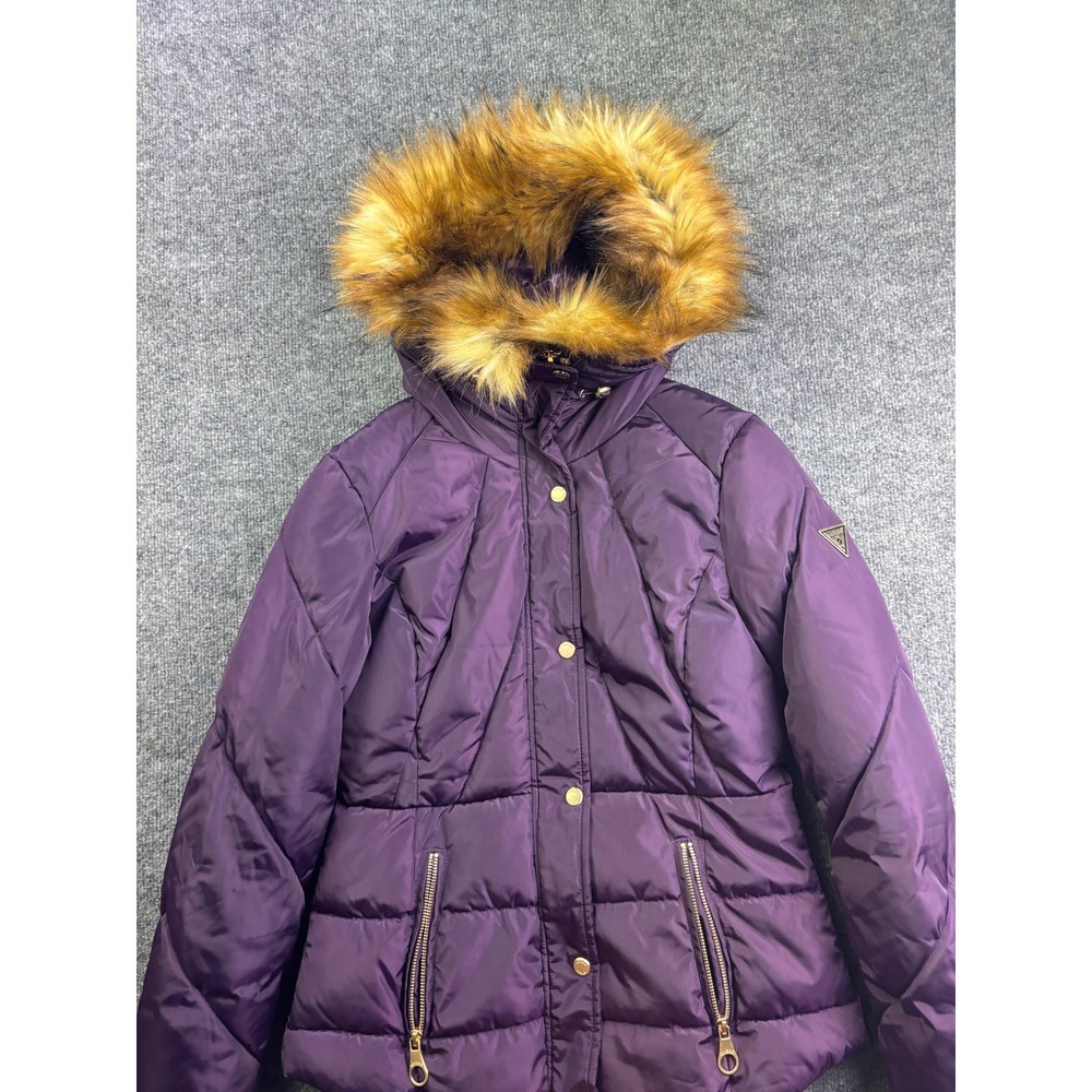 Guess Puffer Jacket Womens Small Purple Faux Fur Hood Quilted Zip Snap Coat